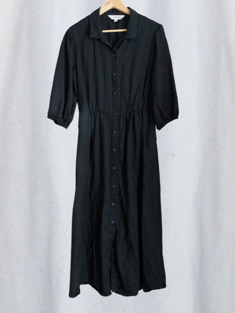 The Drop Women's Puff-Sleeve Open Back Midi Shirt Dress Black